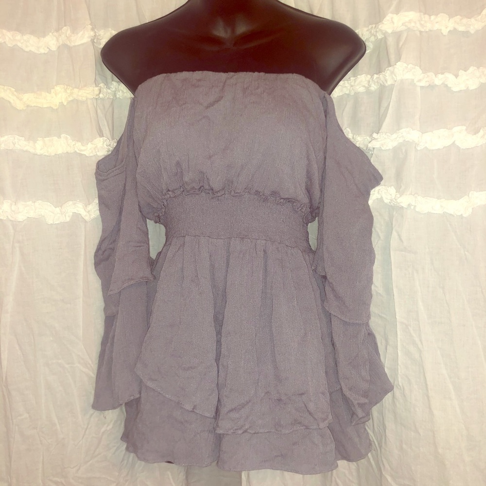 Over shoulder periwinkle blouse